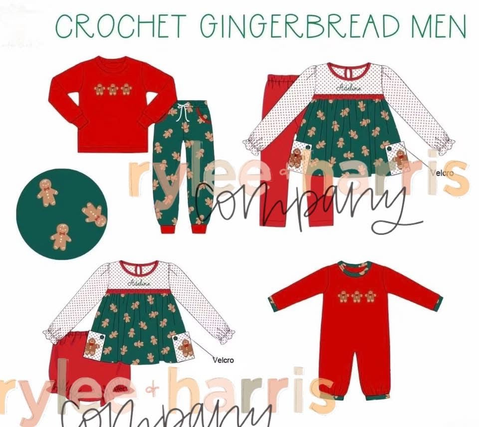 Crochet gingerbread men with monogram girl pant set