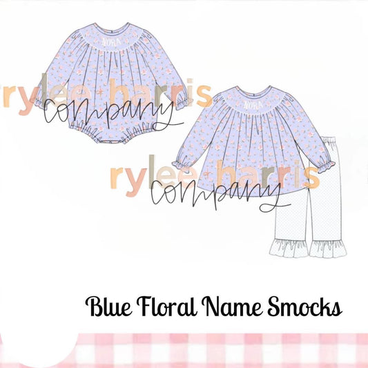 Blue Floral Name Smock- Pant Set